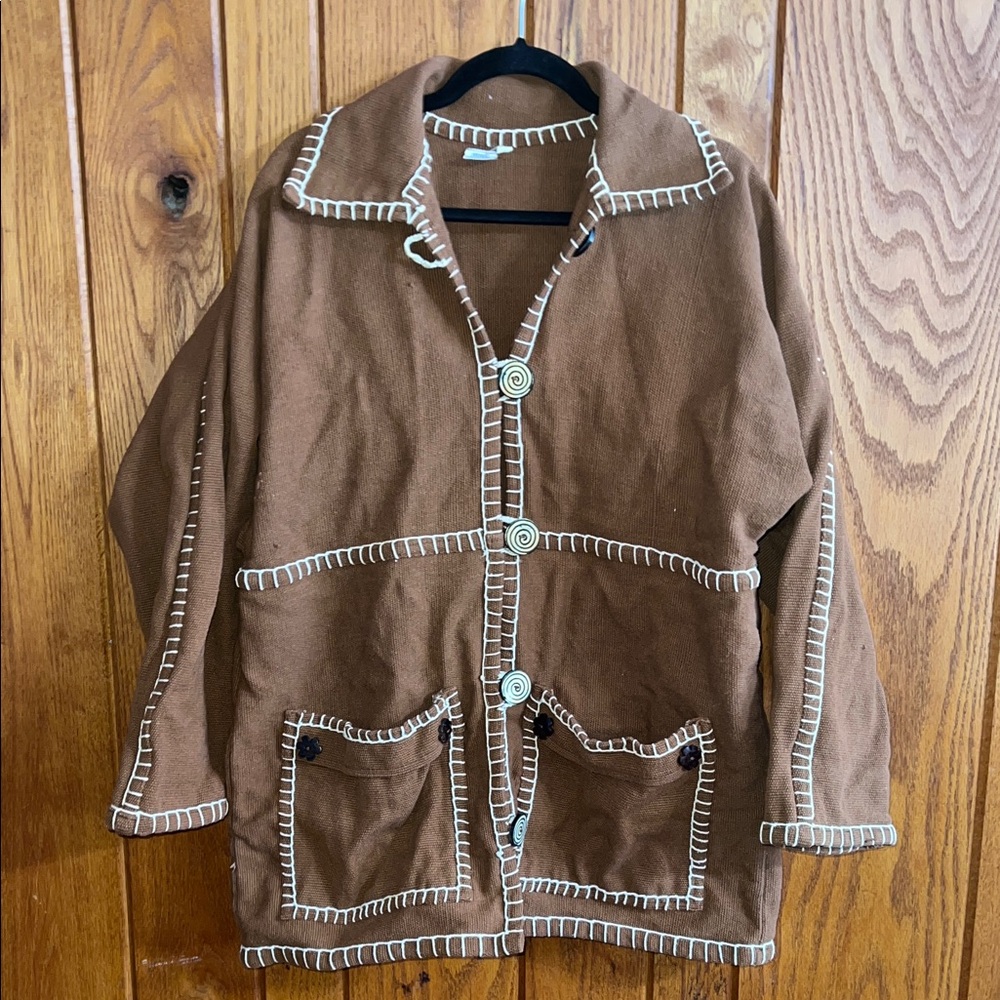 VENUS Vintage Brown 100% Cotton. Cardigan with Cream Stitching Size L